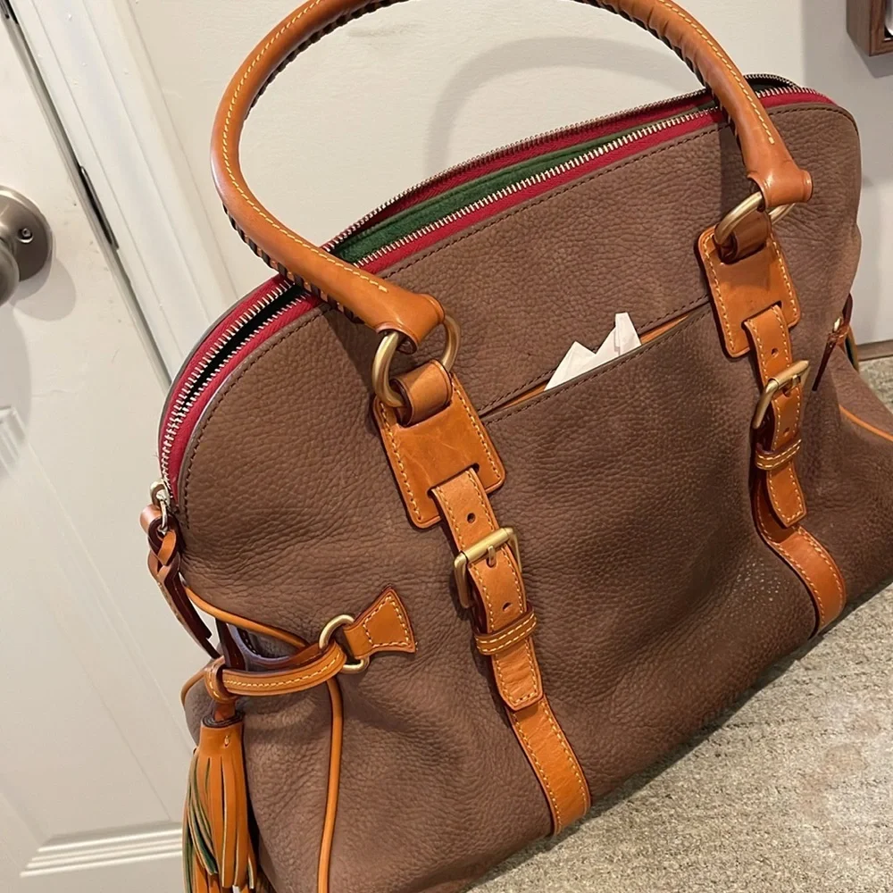 Dooney & Bourke Satchel Taupe Color Large Domed Structure Buckle Tassel Accents - Picture 4 of 15